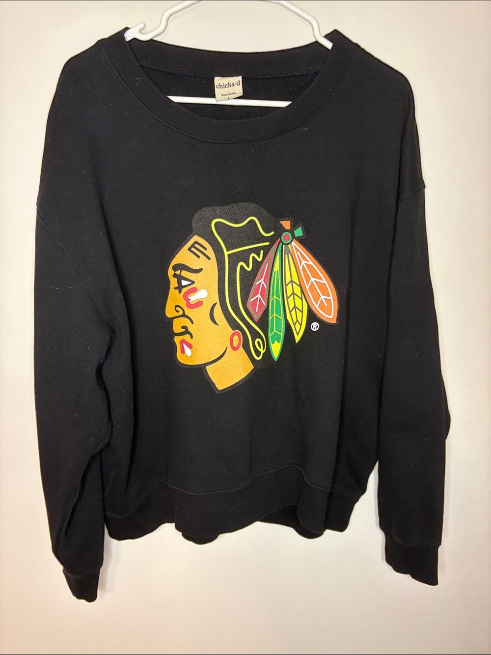 Chicka-d Chicago Blackhawks Graphic Crewneck Sweater - Bold Multicolor Logo
